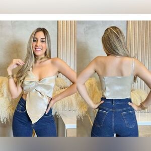 Beige Women's Sleeveless Crop Tube Top One Strapless Bow Twist Tie Front Sz One